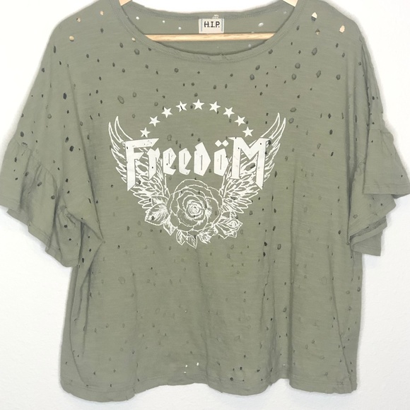 h.i.p. Tops - HIP Distressed Ruffle Sleeve Graphic Tee 2X